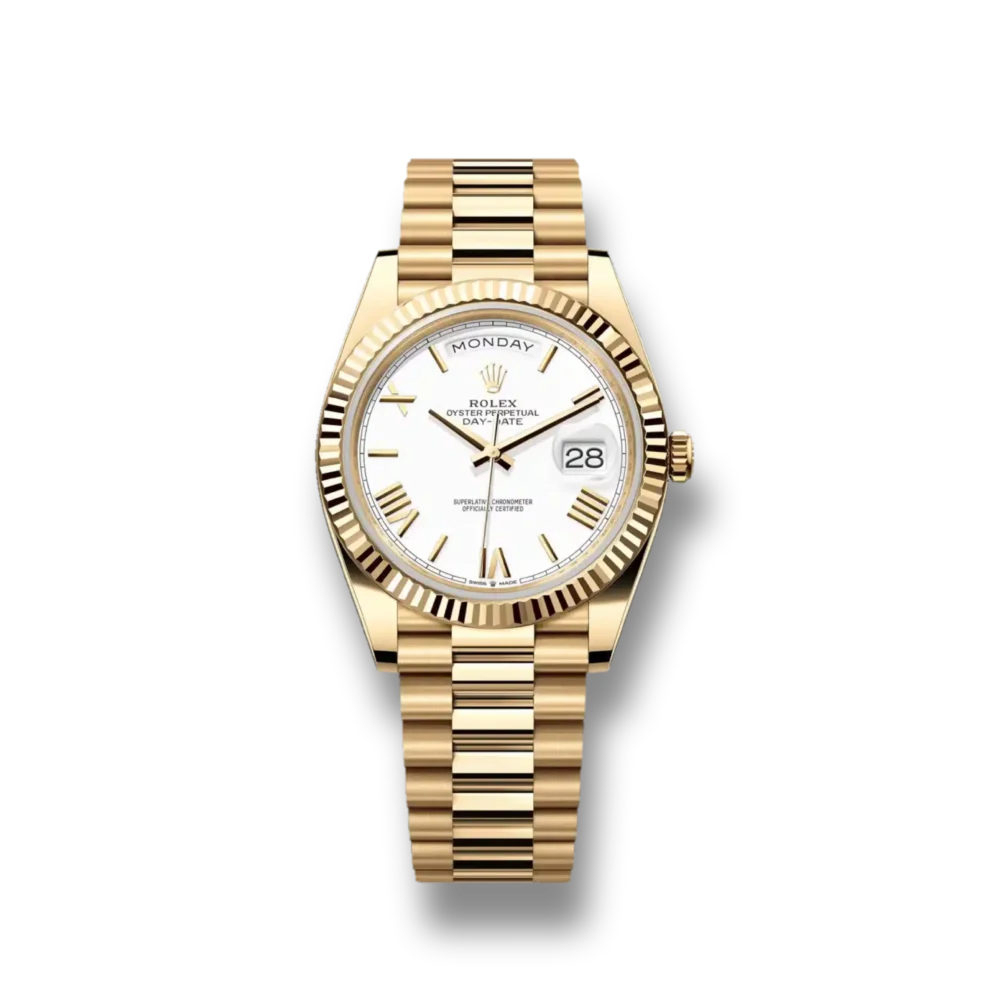 Close-up view of the Rolex Day-Date 118238 Clone Replica with a White Roman Numeral dial, Yellow Gold case, and President bracelet. A symbol of timeless luxury and precision craftsmanship."